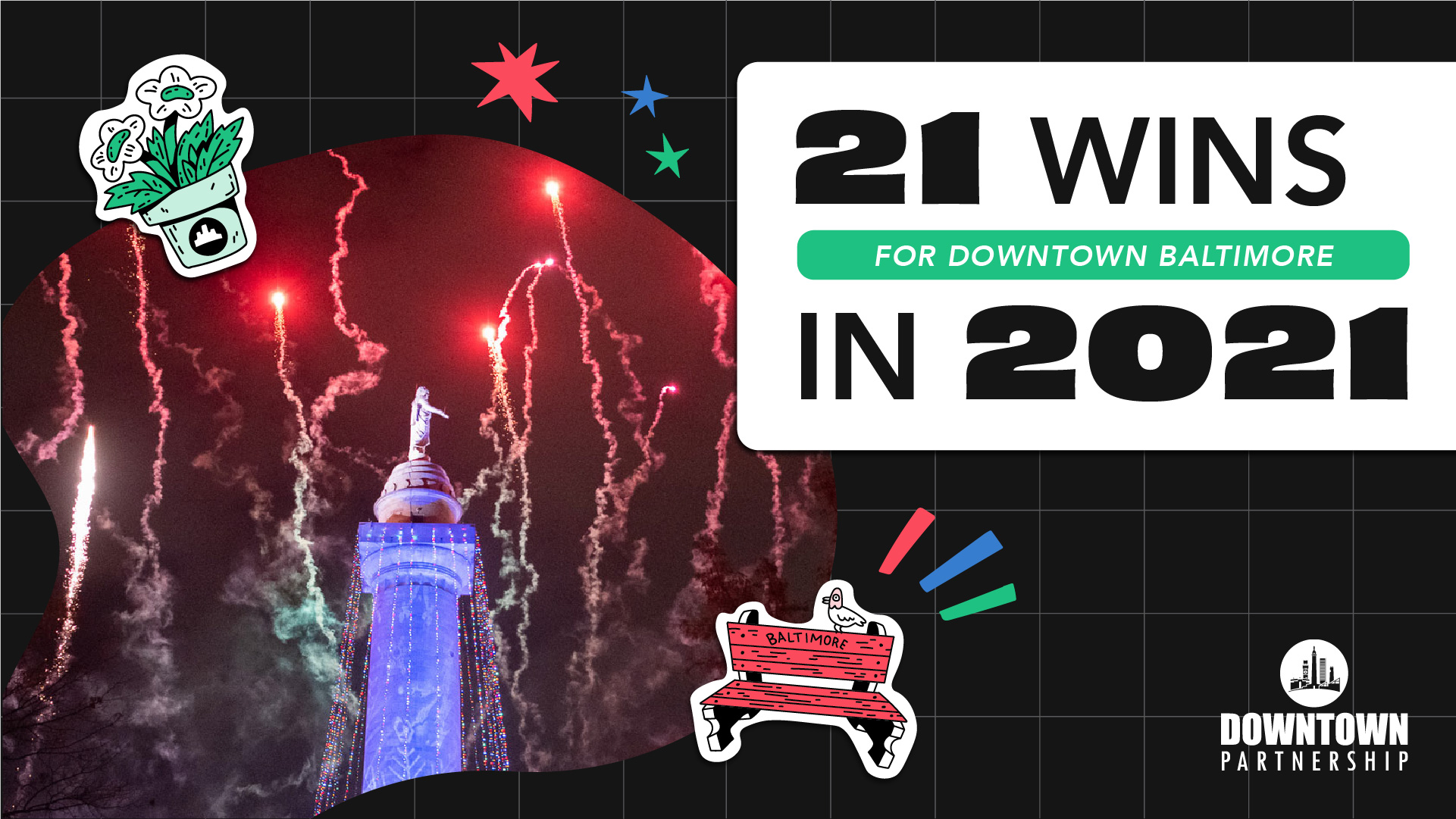 21 Wins for Downtown Baltimore in 2021 decorative header with monument lighting photo.
