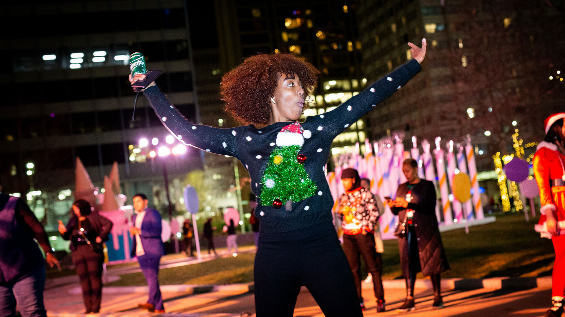 Dancing at Candy Lane in Center Plaza's Not So Silent Night holiday party.