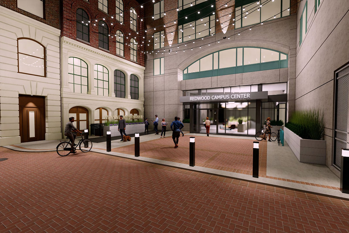 Redwood Campus Center external entrance render.