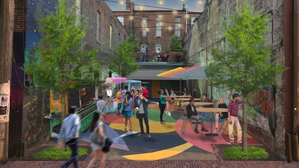 REndering of beautified alleyway featuring lights, murals, seating, and trees.