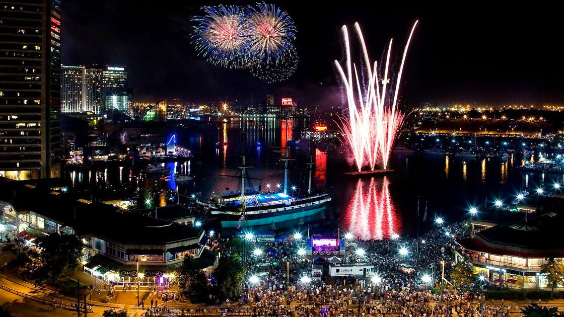 Fireworks over Baltimore's Inner Harbor for Labor Day.