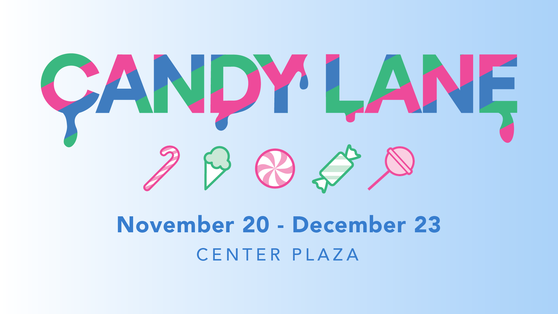 Candy Lane Event banner with logo and candy illustrations.