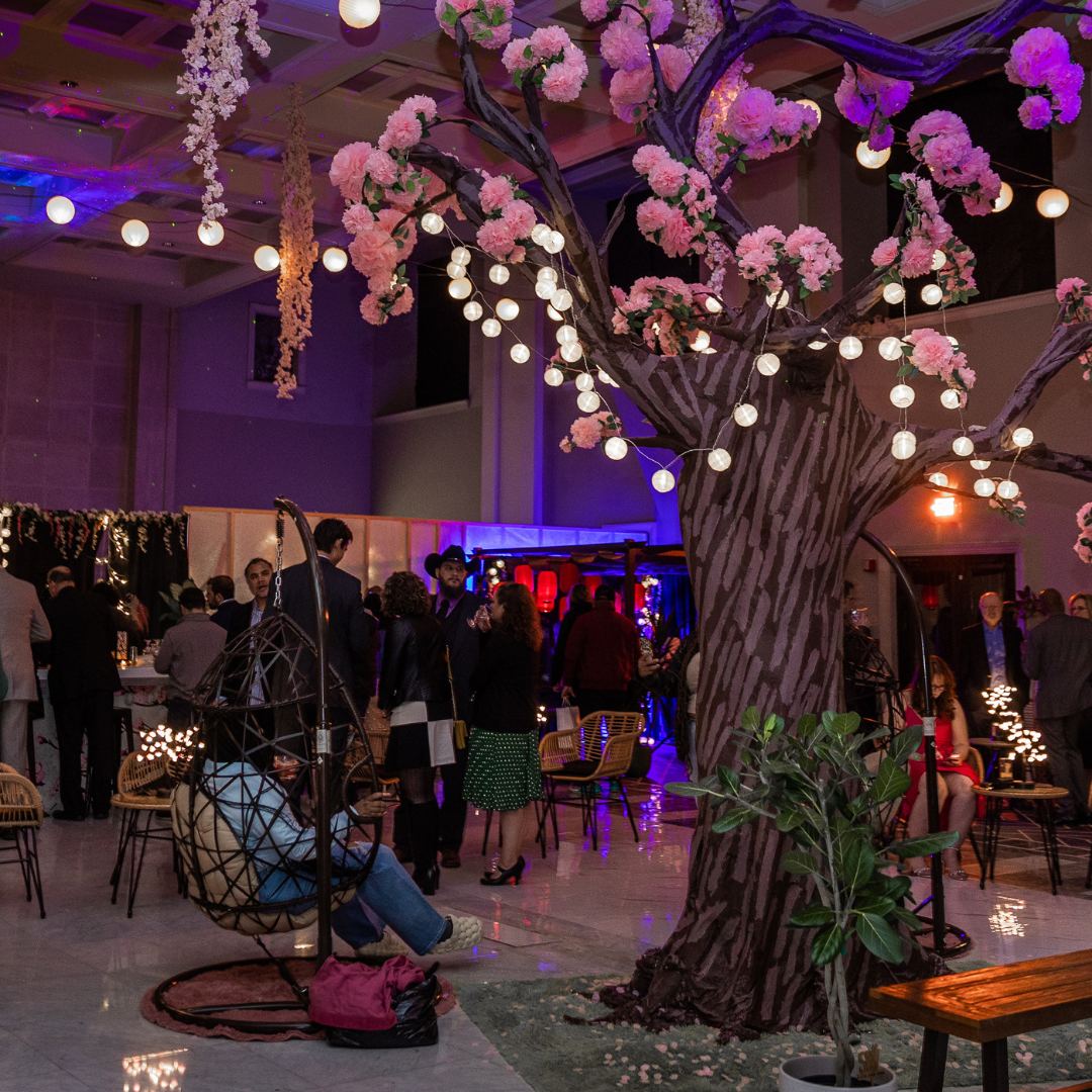 Cherry Blossom Pop-Up Bar interior and tree installation.