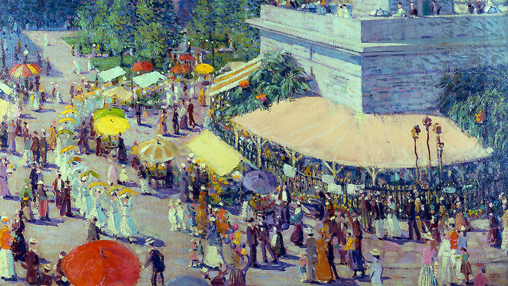 Painting of Baltimore's Flower Mart at Mount Vernon Place