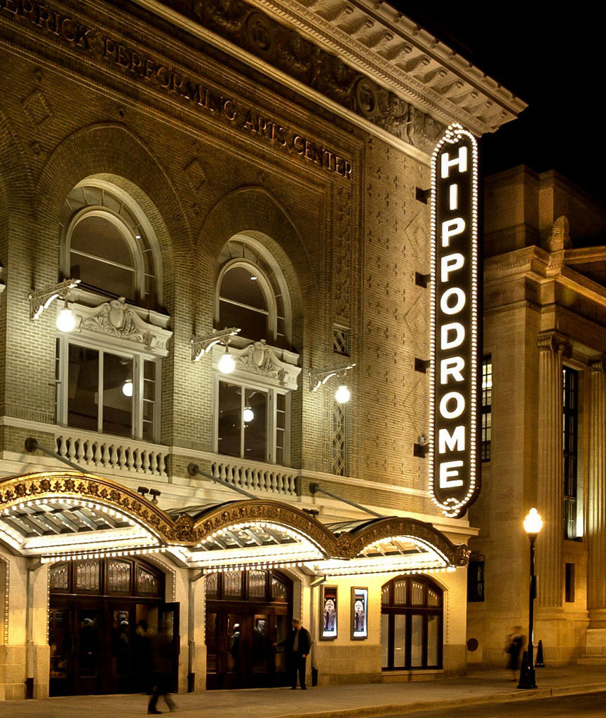 Exterior of the historic Hippodrome Theatre and marquee at night.