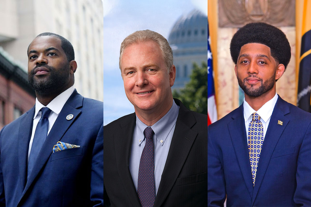 Headshots of Baltimore City Council President Nick Mosby, U.S. Senator Chris Van Hollen, and Baltimore City Mayor Brandon Scott.