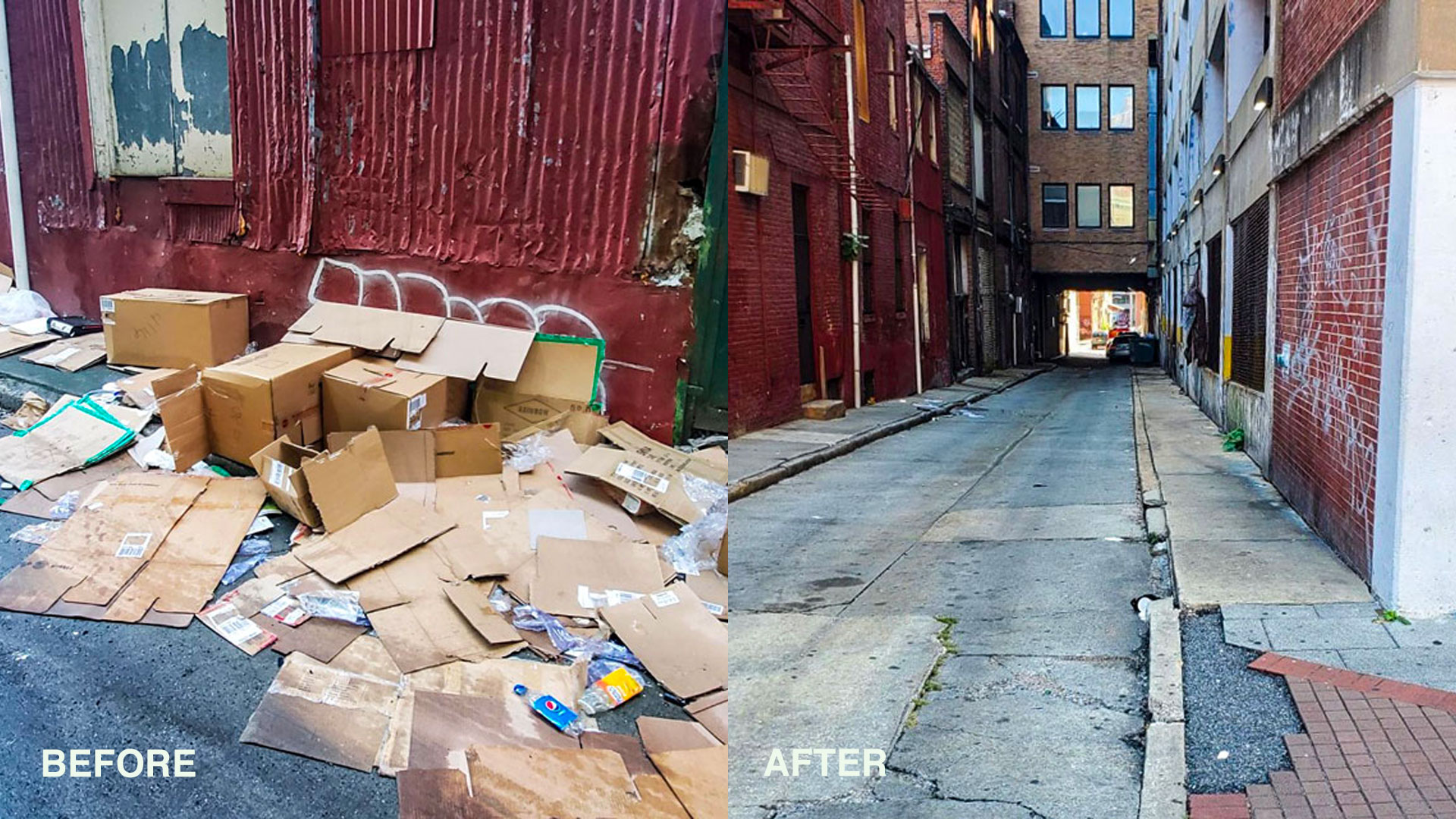 Marion alley in Downtown Baltimore before and after DPOB Clean Team atention.