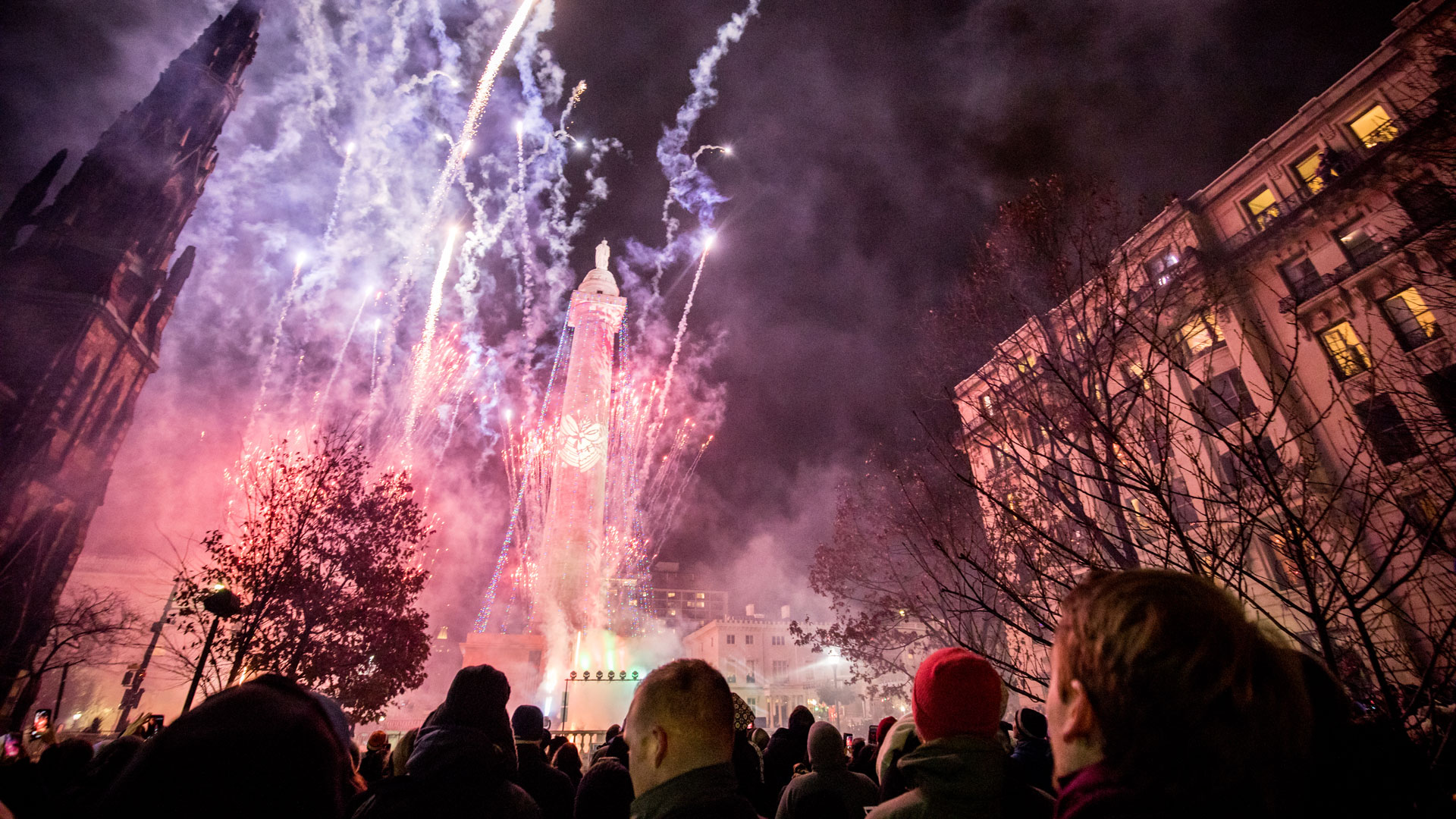 Fireworks during the Annual Monument Lighting holiday celebration in the Mt. Vernon neighborhood of Downtown Baltimore.