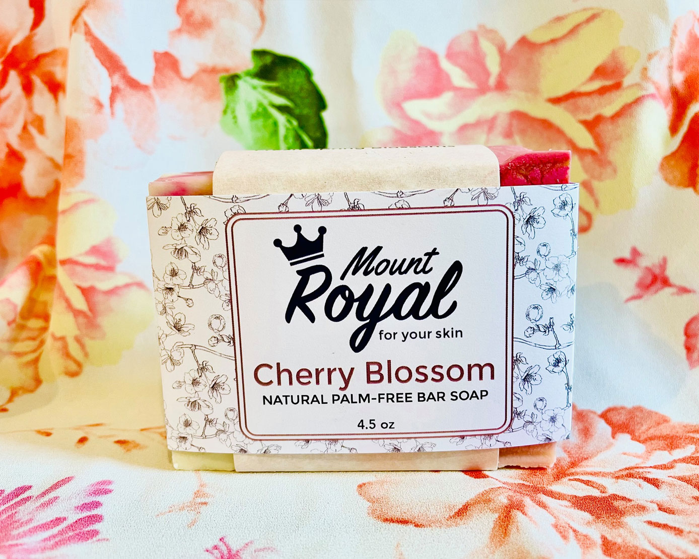 Cherry blossom scented soap bar in packaging that reads 