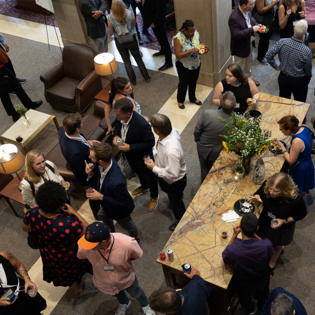 Overhead shot of networking event.