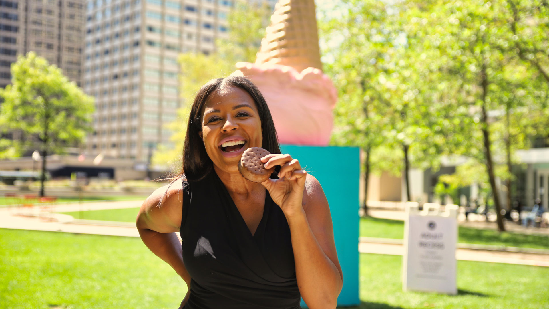 Shelonda Stokes with Charmery Ice Cram during Adult Recess in Center Plaza.