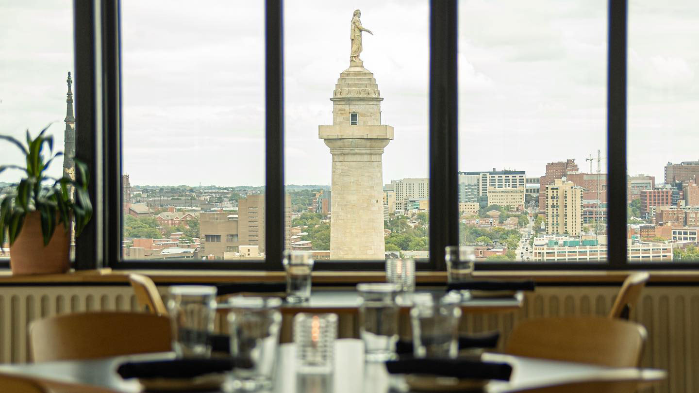View of Mt. Vernon Monument from Topside Restaurant in Baltimore 